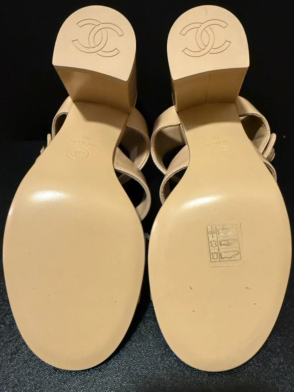 CHANEL Beige Triple-Strap Block Heel Sandals with Gold CC Buttons